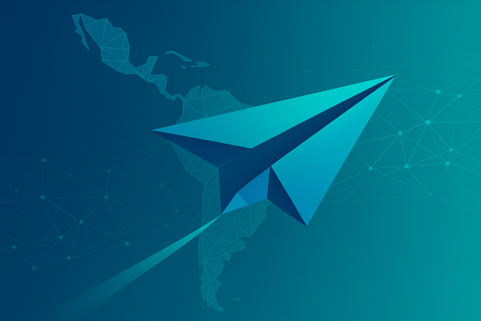 Avión de origami sobrevolando el mapa de Latinoamérica